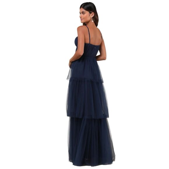 Lulus Unforgettable Poise Maxi Dress Womens M Tiered Tulle Blue Bustier Gown NWT - Picture 2 of 8